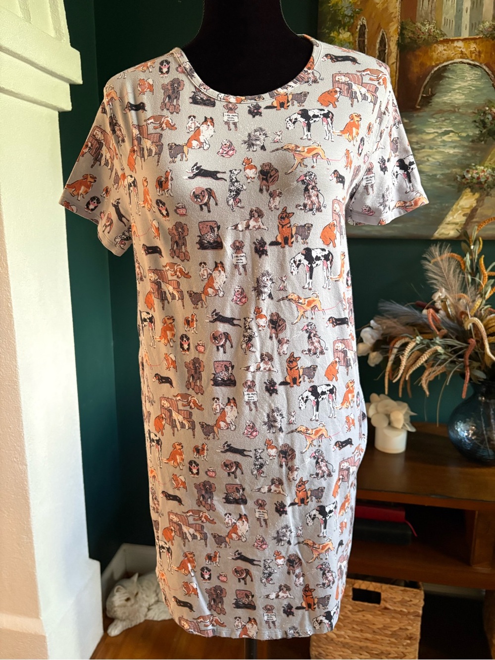 Vera Bradley Girls Short Sleeve Dog Print Nightshirt - Light Gray/Orange/Black